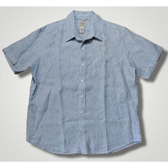 L.L. Bean Linen Shirt, Slightly Fitted Short-Sleeve Button Up Blue Stripe Sz XL - Picture 3 of 6